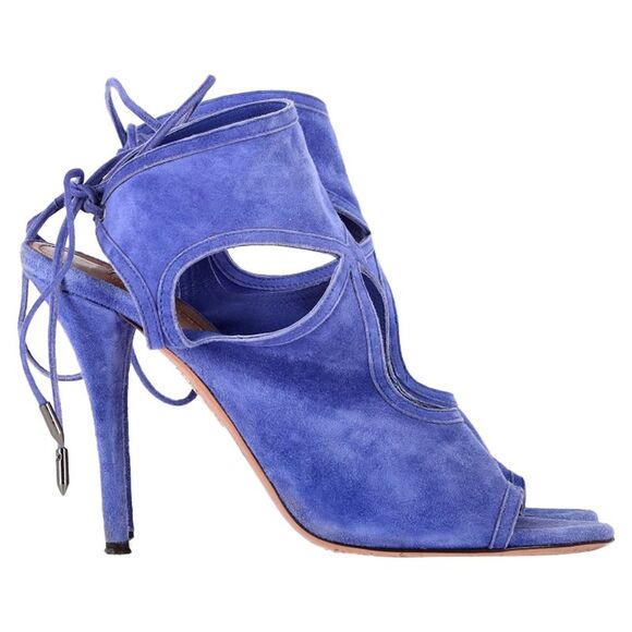 Aquazzura Sexy Thing Cutout Sandal Heels in Blue Suede